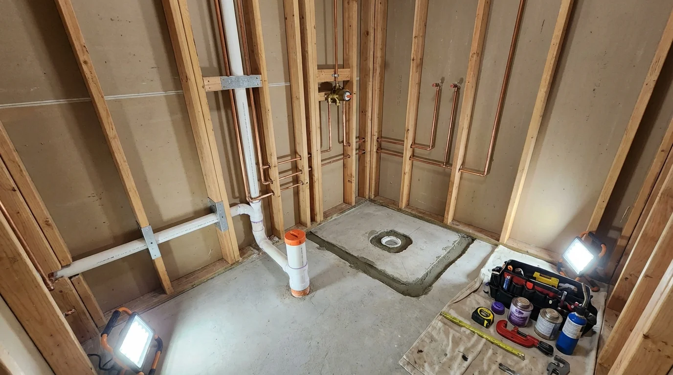 Bathroom rough-in plumbing during remodel by Johns Plumbing LLC in Starbuck