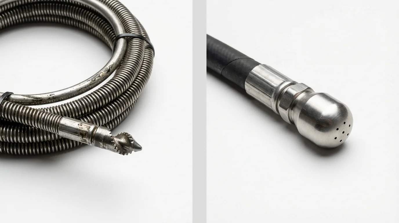 Drain snake cable and hydro jetting nozzle used for drain cleaning in Starbuck, MN