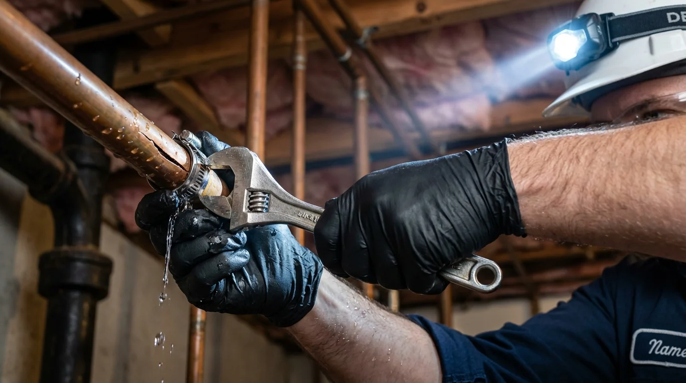 Emergency pipe clamp repair being performed by a Johns Plumbing LLC plumber in Starbuck