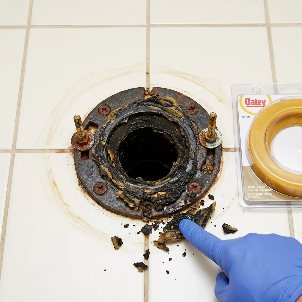 Failed wax ring showing water seepage at the base of a toilet in a Starbuck, MN home