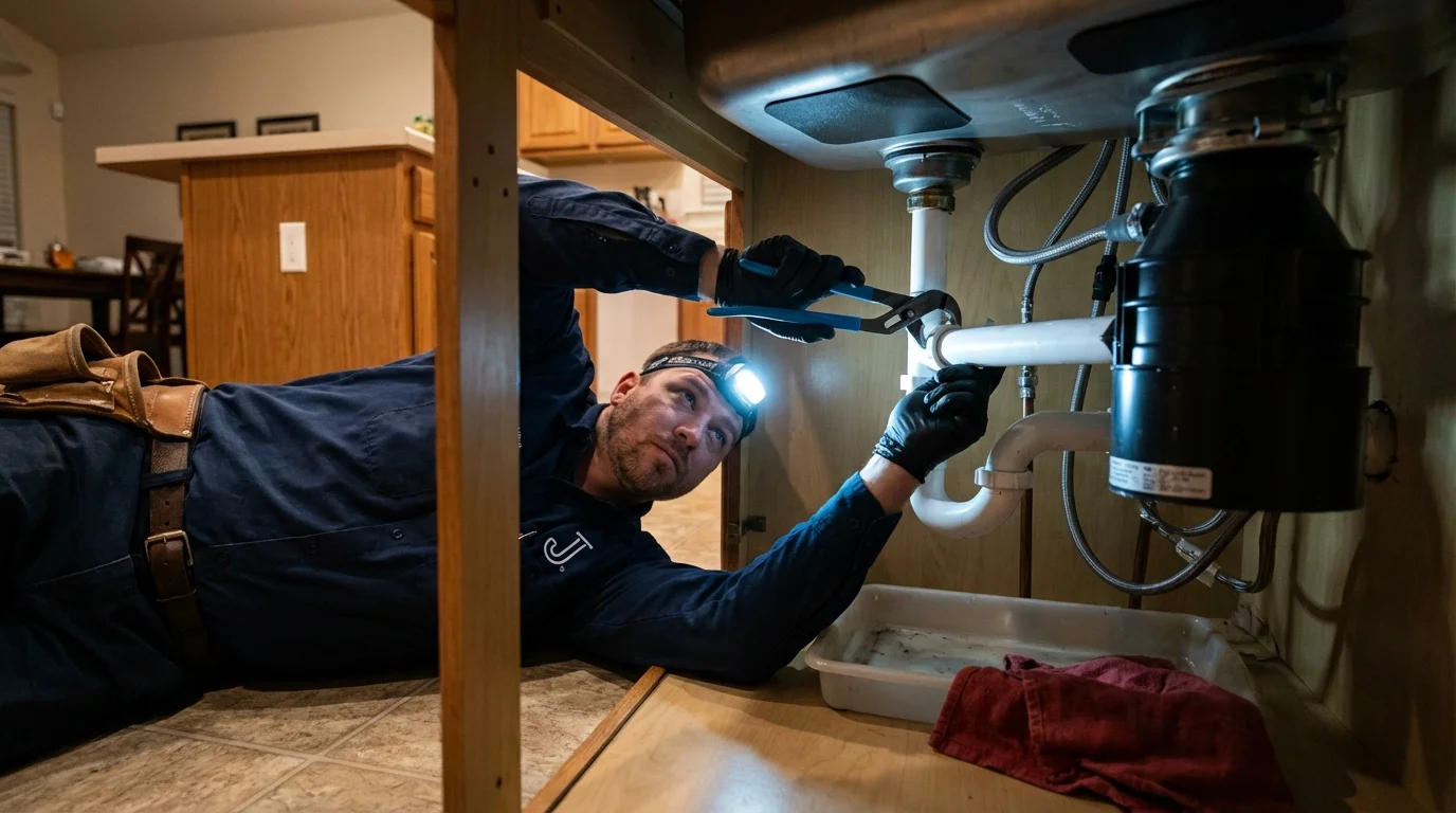 P-trap and supply line connections under a kitchen sink showing a common leak point in Starbuck, MN